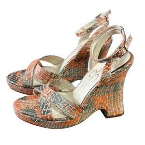 Jessica Simpson Onawa Wedge Sandals Womens 7 Orange Green Multi Excellent Woven